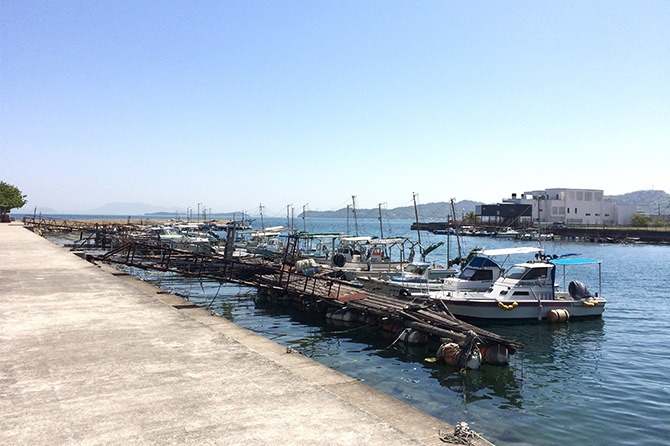 漁港は国道沿いから店に入る途中。画面左奥は四国･香川県だ